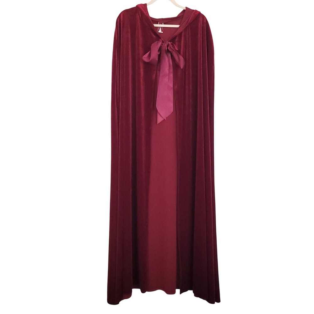 Hips & Curves Burgundy Velvet Hooded Cape Satin Tie Cloak Onesize Costume Ribbon